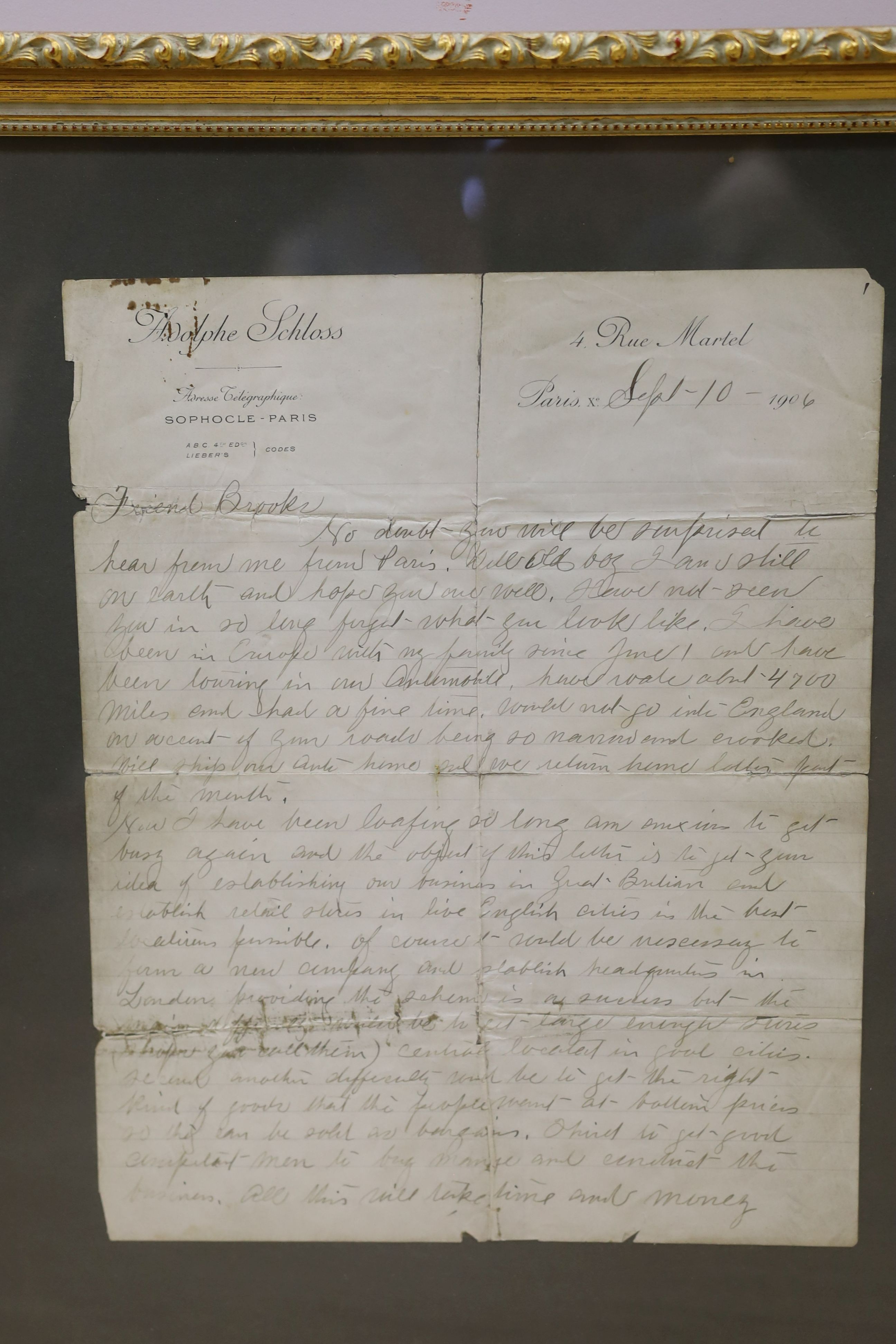 Frank Winfield Woolworth (1852-1919) signed and inscribed letter to 'Friend Brooke' regarding opening Woolworth retail stores in England, dated 10th September 1906 written on Adolphe Schloss Paris headed note paper whils